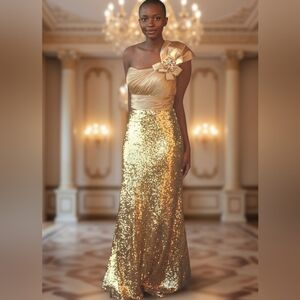 Tony Bowls La Gala Strapless Gold Beaded Sequin Evening Prom Ball Gown Sz 6